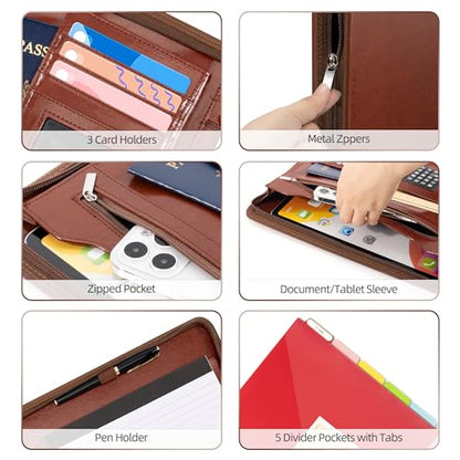 Ospelelf 3 Ring Binder Portfolio Folder with Zipper- Leather Padfolio with Clipboard Storage- Calculator, 12.1” Tablet Sleeve, 5 Dividers with Pocket, Refillable Notepad, Card Slot (Red Brown) - color: Red Brown
