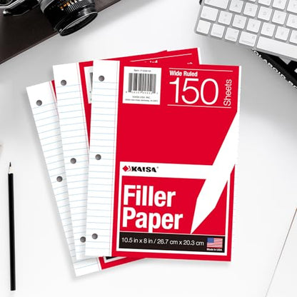Kaisa Notebook Paper USA-Made Loose Leaf Paper, 24 Pack 3600 Sheets 8"x10.5" Wide Ruled - 3-Hole Punched Bulk Filler Paper for 3-Ring Binder, 150 Sheets/Pack, Wholesale Available(24Pack-Wide) - color: Wide, size: 24pack