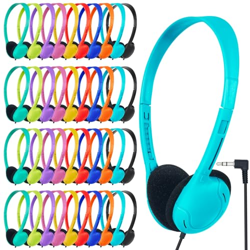 Classroom Headphones Bulk 50 Pack for School,Wholesale Earphones | Class Set of Headphones for Students Testing On Line Learning Adult 3.5mm Jack (10 Multi Color ) - size: 50 Pack Mixed Colors