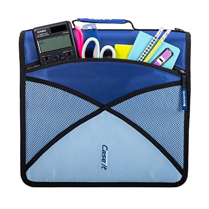 Case-it The Dual 2-in-1 Zipper Binder - Two 1.5 Inch D-Rings - Includes Pencil Pouch - Multiple Pockets - 600 Sheet Capacity - Comes with Shoulder Strap -Dual-132, Blue