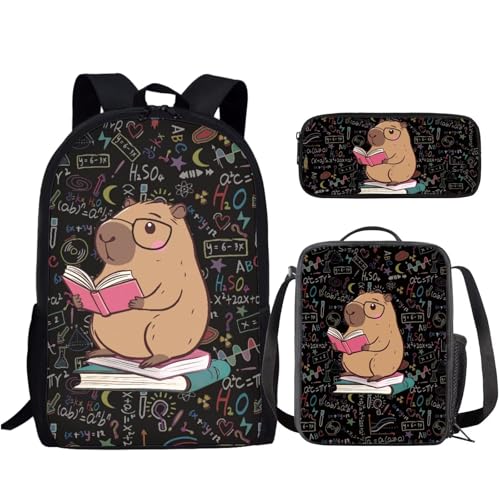 Cartoon Capybara School Backpack Set of 3 with Lunch Box Pencil Case Kids Backpack for Girls 8-10 with Compartments Suitable for Elementary Middle School High School - color: Cartoon Capybara