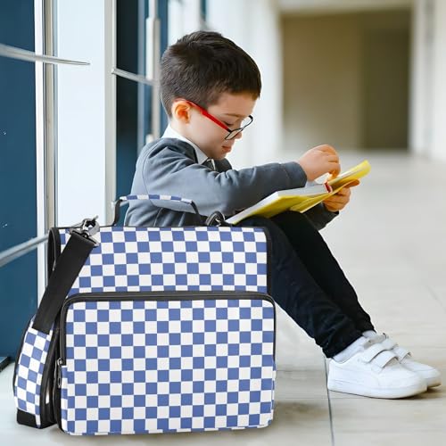 Blue White Checkered Binder Bag 3 Ring Zipper Binders with Shoulder Strap for School Office Organizer Storage - color: Q003