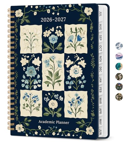 Planner 2026-2027, Academic Monthly and Weekly Calendar Planner for Women, July 2026 - June 2027, Hardcover Pretty Agenda Planner Book with Tabs, Spiral Daily Organizer for School Office Home Supplies, 6.3" x 8.5" - Blue Patchwork - color: K-Blue Patchwor