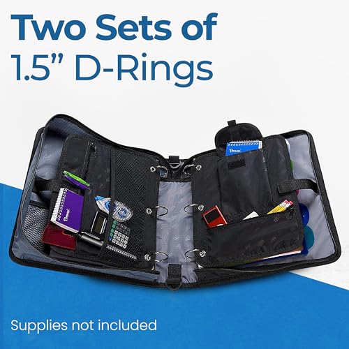 Case-it The Dual 2-in-1 Zipper Binder | Two 1.5-Inch D-Rings, 600 Sheet Capacity, Pencil Pouch & Multiple Pockets | School & Office Organizer with Shoulder Strap | Dual-101 Jet Black | 6 Pack
