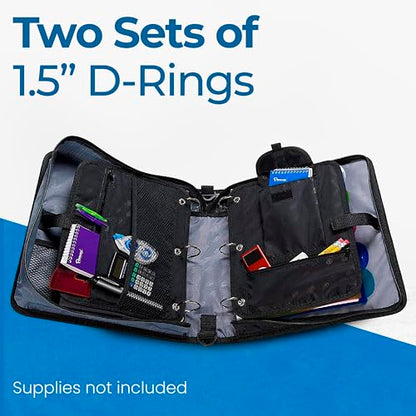 Case-it The Dual 2-in-1 Zipper Binder | Two 1.5-Inch D-Rings, 600 Sheet Capacity, Pencil Pouch & Multiple Pockets | School & Office Organizer with Shoulder Strap | Dual-101 Jet Black | 6 Pack