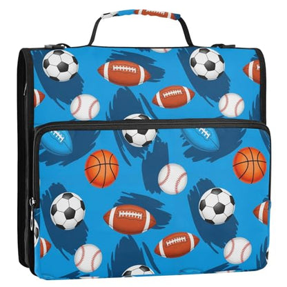 Zipper Binder Bag 3 Ring File Folder Portfolio Organizer Zippered Binder Bags with Strap Fits Laptop Women Men - color: 29-sports Balls Blue