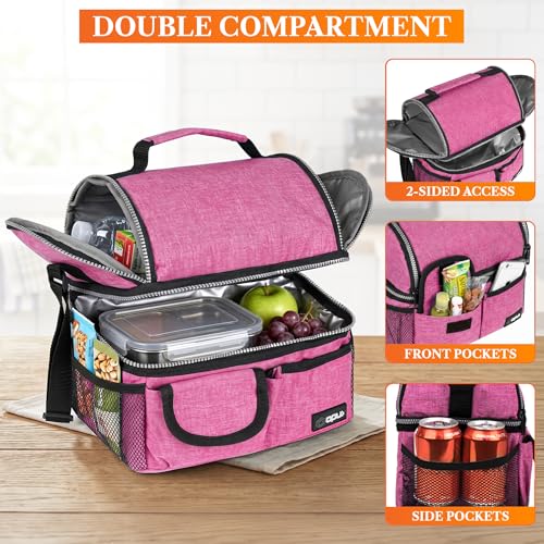opux Insulated Lunch Bag Women Men, Dual Compartment Leakproof Lunch Box Adults Kids, Double Decker Meal Prep Bento Lunch Cooler Tote with Shoulder Strap for Work Office School Travel, Pink - color: Heather Pink