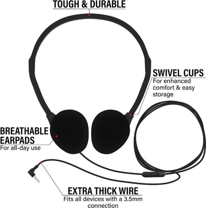 Maeline Bulk Classroom Headphones with Microphone – 30 Pack Black Wired On-Ear Headsets, Adjustable 3.5mm Plug, Individually Wrapped for Schools, Libraries & Labs - color: Black, size: 30 Pack