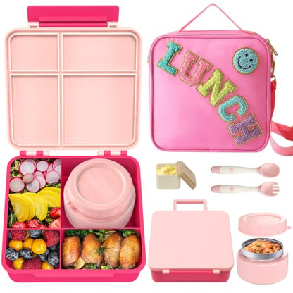 Aimsnk Lunch Box Kids with Thermo Insulated Lunch Bag for School, Pink | Bento Lunch Box for Kids with 8oz Food Jar, Leak Proof Hot Lunch Containers with 4 Compartment, Warm Lunchbox for Toddler - color: Pink
