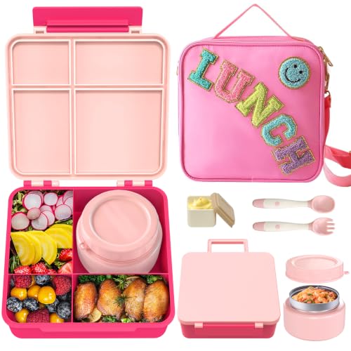 Aimsnk Lunch Box Kids with Thermo Insulated Lunch Bag for School, Pink | Bento Lunch Box for Kids with 8oz Food Jar, Leak Proof Hot Lunch Containers with 4 Compartment, Warm Lunchbox for Toddler - color: Pink