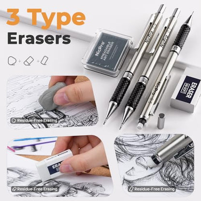 Nicpro 37PCS Art Drawing Supplies Kit, Metal Mechanical Pencil Set 0.5, 0.7, 0.9 & 2mm, 100 Sheets 9x12 Sketch Book, 288PCS Leads, School Supplies Drawing Kit for Artist Adults Teens Kids Sketching - size: 37