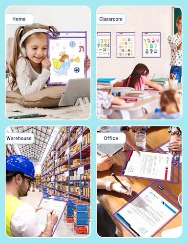 SUNEE 6 Packs Oversized Reusable Dry Erase Pocket Sleeves with Ring, Purple 10x14 Ticket Holders, Clear Plastic Sheet Protectors, Teacher School Classroom Supplies - color: Purple, style: 6 Pack