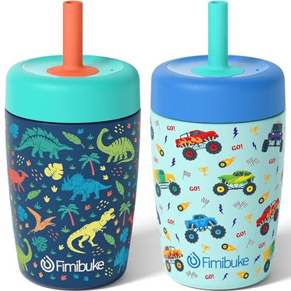 Fimibuke Kids & Toddler Cups Spill Proof, 12 OZ Insulated Sippy Cups for Toddlers Boys Girls, BPA-Free Toddler Straw Tumbler, Stainless Steel Kids Water Bottle with Twist Lids & Silicone Straw, 2 Pack - color: Dinosaur & Monster Trucks