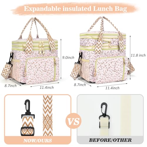 LOKASS Lunch Box for Women-16L-Insulated Lunch Bag Women, Expandable Double-layer Leakproof Cooler Bag with Upgrade Adjustable Shoulder Strap Ideal for Work/Travel/Picnics（White Flower） - color: White Flower