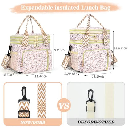 LOKASS Lunch Box for Women-16L-Insulated Lunch Bag Women, Expandable Double-layer Leakproof Cooler Bag with Upgrade Adjustable Shoulder Strap Ideal for Work/Travel/Picnics（White Flower） - color: White Flower