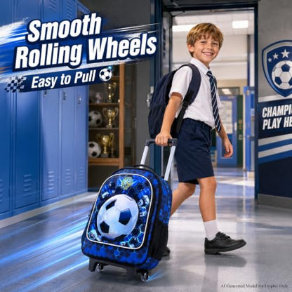 CCJPX 3PCS Soccer Rolling Backpack for Boys, Roller School Bookbag with Lunch Box, Football Water Resistant Wheeled Backpacks for Teens Elementary Travel-Blue - color: Blue Football