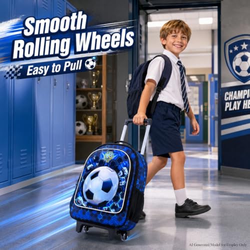 CCJPX 3PCS Soccer Rolling Backpack for Boys, Roller School Bookbag with Lunch Box, Football Water Resistant Wheeled Backpacks for Teens Elementary Travel-Blue - color: Blue Football