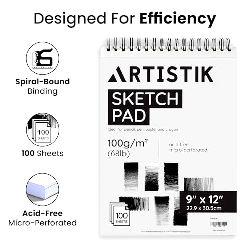 ARTISTIK Spiral Sketch Pad – 100-Sheet Perforated Sketchbook for Pencil, Pastel & Crayon – 100 g/m²(68lb) Mixed Media Sketching & Writing Pad – 9" x 12", Pack of 2 - size: Sketch Pad 9 x 12"