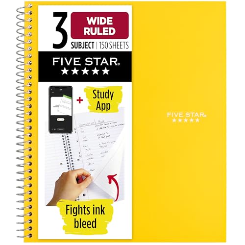 Five Star Spiral Notebook + Study App, 3 Subject, Wide Ruled Paper, 8" x 10-1/2", 150 Sheets, Fights Ink Bleed, Water Resistant Cover, Harvest Yellow (73463) - color: 09 Yellow, size: 8" x 10-1/2" (Pack of 1)