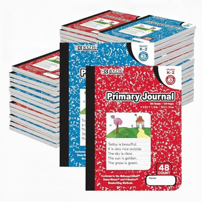 BAZIC PRODUCTS Primary Journal, Grades K-2, Draw & Write, 100 Ct, 48-Case | pre-K-2 primary journal, 100 sheets (200 pages), 4.5 in blank draw header over primary writing lines, Center-sewn - size: 48-Pack