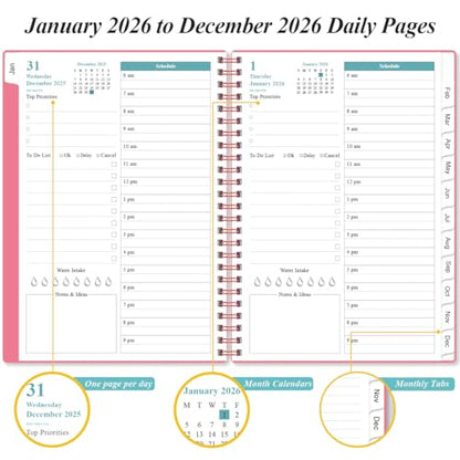 Daily Planner 2026 Full Page Per Day- 2026 Daily & Monthly Planner from January 2026 to December 2026, Day Planner 2026 with 12 Months Tabs, 6.4" x 8,5", Pink - color: Pink, size: 6.4" x 8.5"