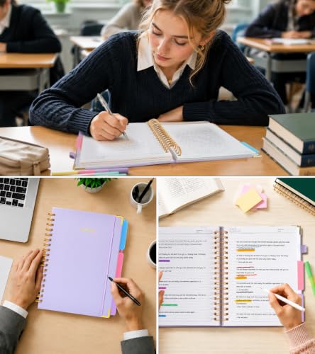 JASLEKO 3 Subject Notebook College Ruled with Dividers Tabs, 100 GSM Leather Hardcover Spiral Notebooks for School Work, 240 Pages Large Cute Notebook Journal for Women Men, College Students,Purple - color: Purple