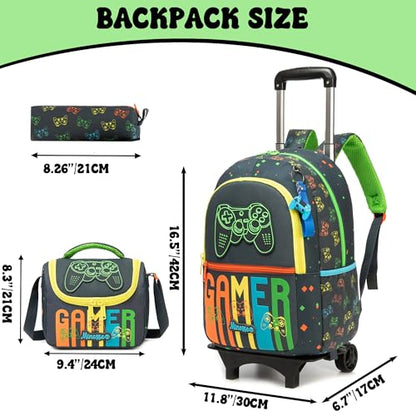Backpack with Wheels for Boys Rolling Backpack with Lunch Box Pencil Case for Kids Carry On Suitcase with Wheels for Elementary Teens Boys - color: Game 06