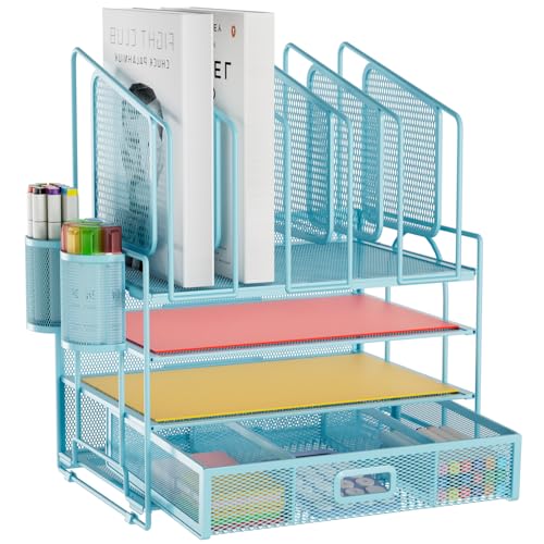 Marbrasse Desk Organizers, 4-Tier Mesh Desk File Organizer with 5 Vertical File Holders and 2 Pen Holders, Multifunction Desktop Organizer,Desk Organizers and Accessories for Home Office (Blue) - color: Blue, size: 4-Tier Mesh