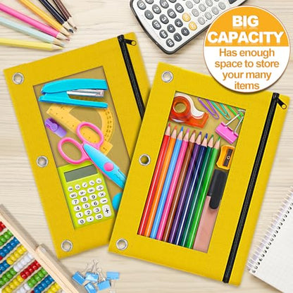 Pencil Pouch for 3 Ring Binder, 2 Pack Pencil Bags with Zipper, Yellow Pencil Case for Classroom School Office Supplies, Large Sturdy and Durable Cloth Pencil Pocket for 3 Holder Binder - color: Yellow