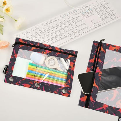 Dragon Fire Black Pencil Pouch for 3 Ring Binder 2 Pcs Binder Pouches with Zipper Pocket Pencil Case Bag with Clear Window for Office Work School Supplies - color: Dragon Fire Black