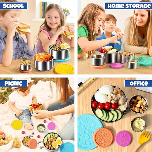 18/8 Stainless Steel Food Snack Storage Containers(5 Pack: 2/4/8/14/24oz) | Stackable, Leakproof Lunch Box with Silicone Lid, for Kids and Toddler Home School Use - color: 5 Pack(Blue, Yellow, Green, Orange, Purple)