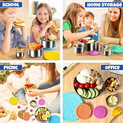 18/8 Stainless Steel Food Snack Storage Containers(5 Pack: 2/4/8/14/24oz) | Stackable, Leakproof Lunch Box with Silicone Lid, for Kids and Toddler Home School Use - color: 5 Pack(Blue, Yellow, Green, Orange, Purple)