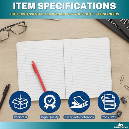 1InTheOffice Wide Ruled Composition Notebook 7.5" x 9.75", Wide Ruled Paper, 100 Sheets, White/Black, (8/Pack)