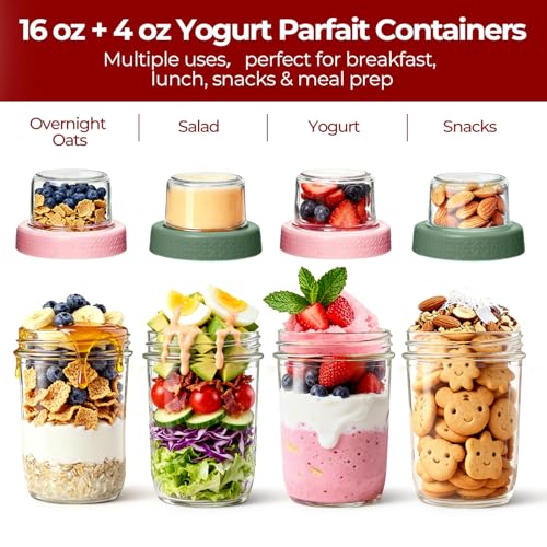16+4 oz Glass Parfait Cups with Lids 2 Pack Yogurt To Go Containers | Dry Wet Separation, Overnight Oats Containers,Chia Pudding,Nuts, Fruit,Granola Toppings,Meal Prep Jars - color: Mixed color 4