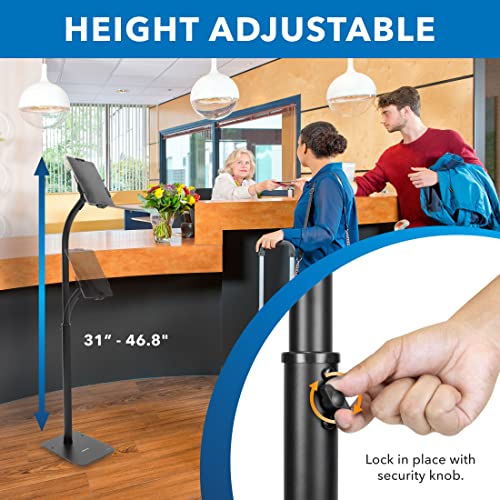 Mount-It! Universal Tablet Floor Stand with Locking Clamp, Anti-Theft Adjustable Kiosk for 7.9"–11" Tablets, Height Adjustable 31"–46.8", Bolt-Down Base for Retail & Business, Black