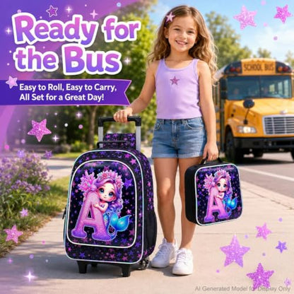 CCJPX 18" Mermaid Rolling Backpack for Girls, 3Pcs Kids Wheeled Bookbag with Lunch Box, Lightweight Roller School Bag for Elementary Preschool (Black) - color: A-star Mermaid