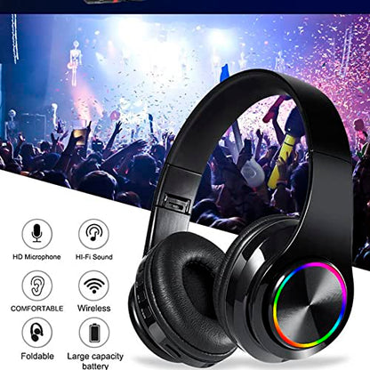 Kids Bluetooth Over Ear Headphones with Colorful LED Lights for Travel,Home | Built-in Mic, Bluetooth 5.0, Wired and Wireless Foldable Stereo Headphones for Classroom, Office, Tablet, Airplane - color: Black 2