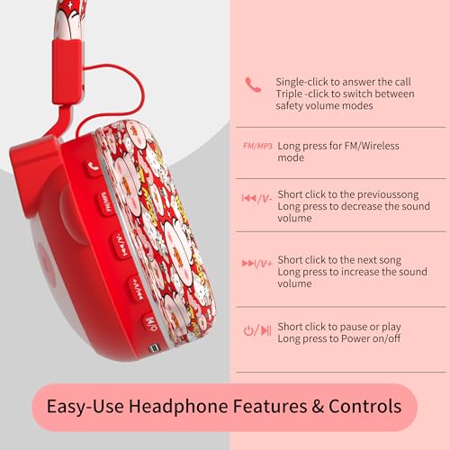 Beerus Kids Bluetooth Headphones, 85dB Volume Limiter, Bluetooth 5.4 & 20H Playtime, Ultra-Soft Foldable Over-Ear Headset with Mic, FM/TF Mode, Cute Animal Design for School Travel - color: Red Piggy