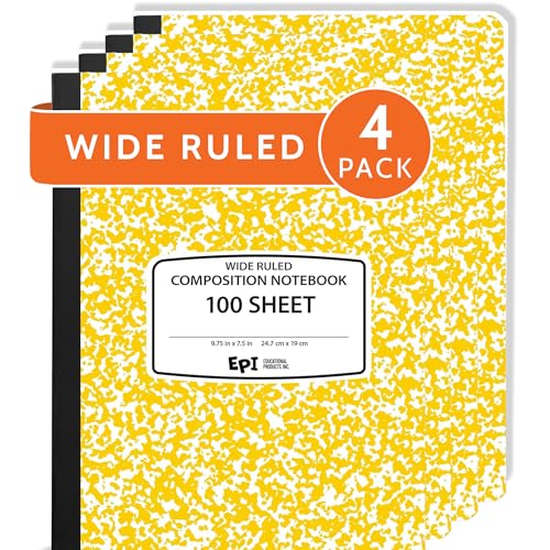 4 Pack - EPI Wide Ruled Marble Composition Notebook - Yellow 200 Page Note Book - 9.75 x 7.5 Inch Hardcover Journal with Sewn Binding for Secure Pages - Classroom Back to School Supplies - color: Yellow, size: 4