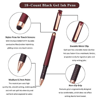 Linbsunne Black Gel Pens 0.7mm Medium Point Pen Office Pens 2-in-1 Stylus Pens for Touch Screens Gel Ink Rollerball Pens for Writing (18 Pack-red) - color: 18 pack-red