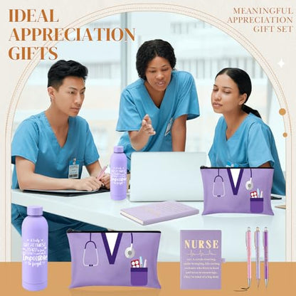 6 Pcs Nurse Gifts Set for Women Men, Rn Appreciation Thank You Gift for Nurses Week Graduation Birthday, 16oz Vacuum Insulated Water Bottle, Makeup Bag, Notebook, Ballpoint Pens(Purple) - color: Purple