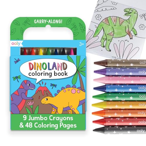 Ooly Kids Travel Activity Kit – 9 Jumbo Crayons & 48 Coloring Pages, Car Crafts for Kids, Mess-Free Road Trip Art Set, Airplane Activities – Dinoland - color: Dinoland