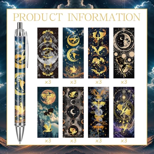 Dragon Ballpoint Pens Gifts - 24 Pcs Fantasy Sun Moon Retractable Ball Point Pen Black Ink Smooth Writing Party Favors for Women Students Romantasy Books Lovers Home Office Supplies Merch - style: Dragon