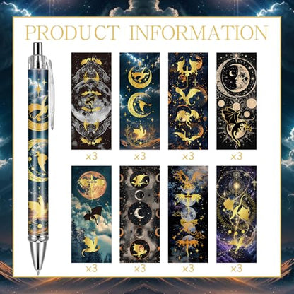 Dragon Ballpoint Pens Gifts - 24 Pcs Fantasy Sun Moon Retractable Ball Point Pen Black Ink Smooth Writing Party Favors for Women Students Romantasy Books Lovers Home Office Supplies Merch - style: Dragon