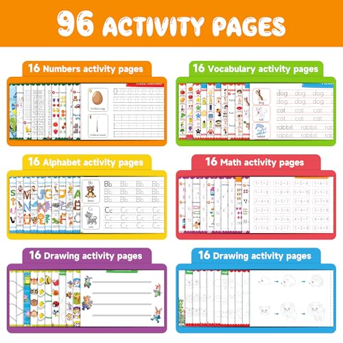 Magic Grooved Writing Practice for Kids Ages 3-8, Reusable Handwriting Practice Books Set (6 Books) with Disappearing Ink Pens, Letter/Number Tracing, Preschool & Kindergarten Learning Kit