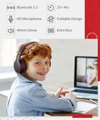 rockpapa E7 Over Ear Wireless Bluetooth Headphones with Mic, Foldable Wired/Wireless Headphones with Microphone for Kids Childrens Boys Girls Teen Youth Adult Black Red - color: Black Red, style: without Case