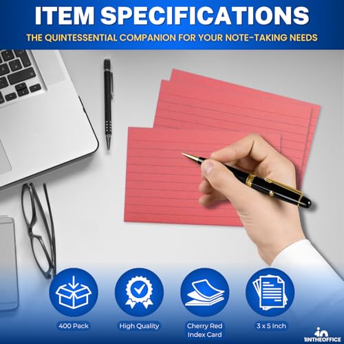 1InTheOffice Index Cards 3x5, Colored Index Cards, Lined, Cherry Red, 400 Pack