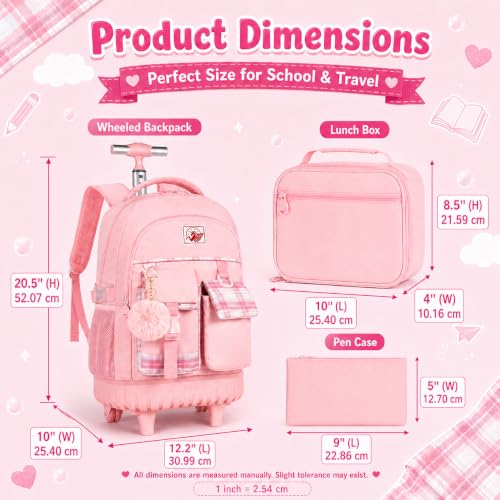gxtvo 3PCS Rolling Backpack for Girls, Women Wheeled Bookbag with Lunch Box for Adults, Kids Water Resistant Roller School Bag for Teens Travel - Pink - color: 3pcs Set Pink