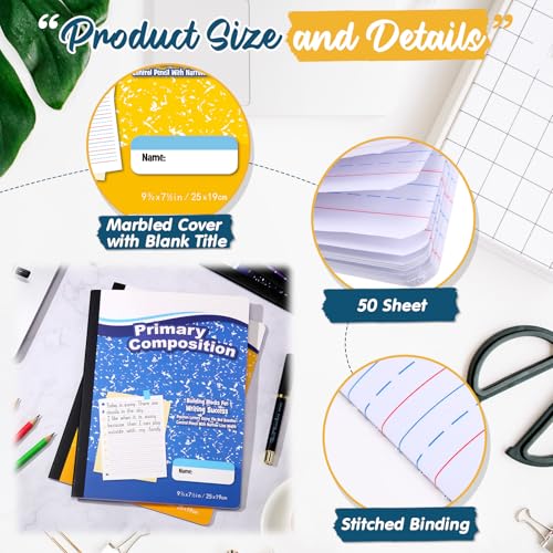 Watersay 60 Pack Primary Ruled Composition Notebook, Grade K-2 Journal 50 Sheets, 7-1/2" x 9-3/4" Primary Composition Book Writing Notebook for Kids Kindergarten Preschool 1st 2nd Grad (Multicolor) - color: Multicolor