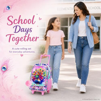 3Pcs Rolling Backpack for Girls, Peacock Roller Bookbag with Lunch Box, Kids School Backpacks with Wheels for Elementary Preschool(Pink) - color: Peacock Pink
